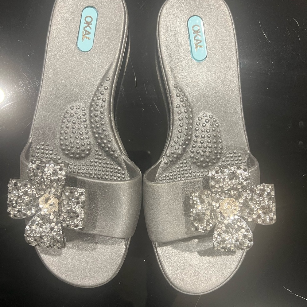 OKA b. Gray Embellished Sandals with Rhinestone Detail